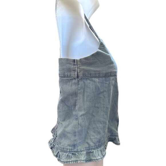 Zara Chambray Cowgirl Y2K Button Front Cinched Back Ruffled Crop Tank Shirt - Picture 2 of 6